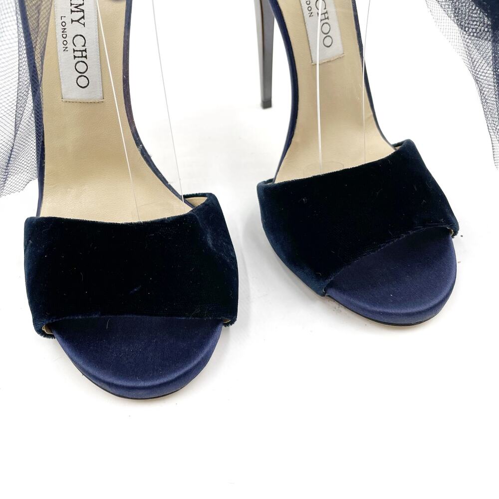 Jimmy Choo Navy Blue and Silver Tulle Ankle-Tie Stiletto Sandals - Picture 7 of 14